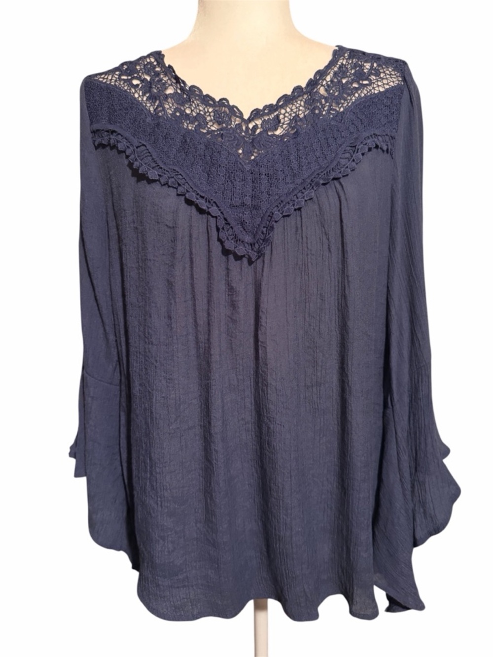 Tantrums Navy Crochet Yoke Long-Sleeve Top